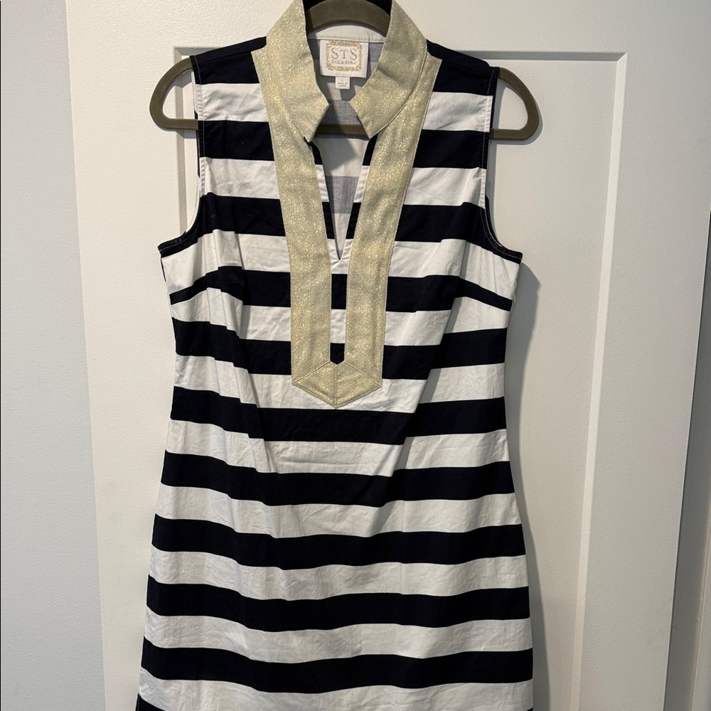 Sail to Sable Navy and White Striped Dress with Gold Metallic Collar